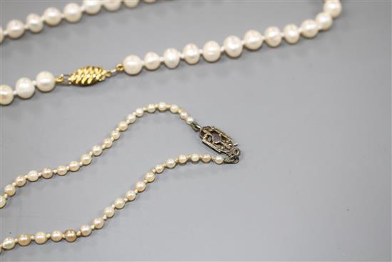 Seven assorted single strand cultured pearl necklaces, three with 925 clasps, two with 935 or 835 clasps and two others